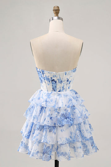 Corset White Blue Flower A Line Short Cocktail Dress